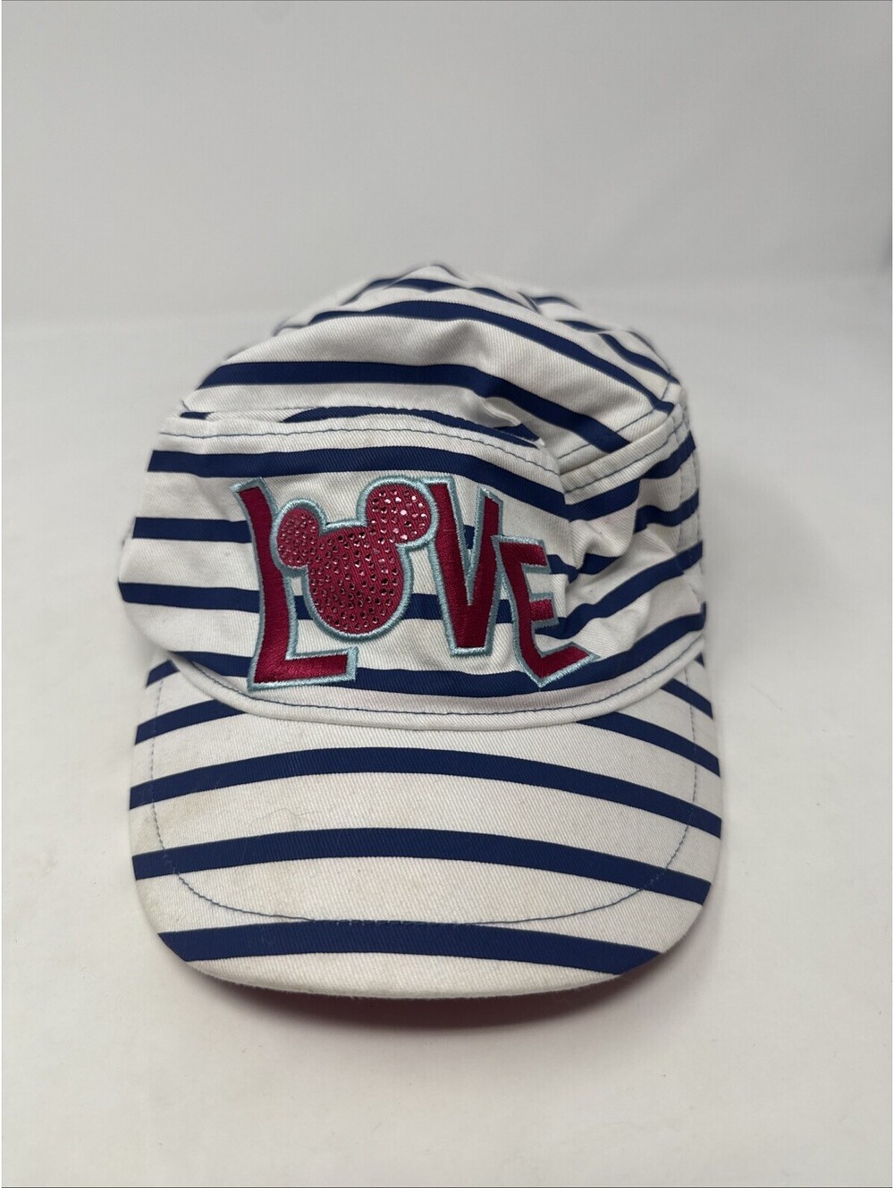 Disney Parks White Blue Stripe Pink Love Rhinestone BLING Adult Hat